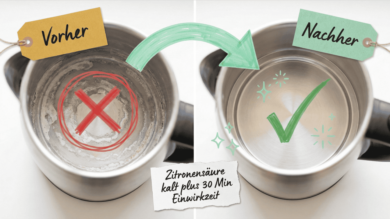 Wasserkocher entkalken – Vorher-Nachher-Vergleich von oben: Links Edelstahl-Wasserkocher mit starken Kalkablagerungen am Boden (rotes X), rechts blitzblanker Wasserkocher nach Behandlung (grüner Haken). Methode: Zitronensäure kalt plus 30 Minuten Einwirkzeit.
