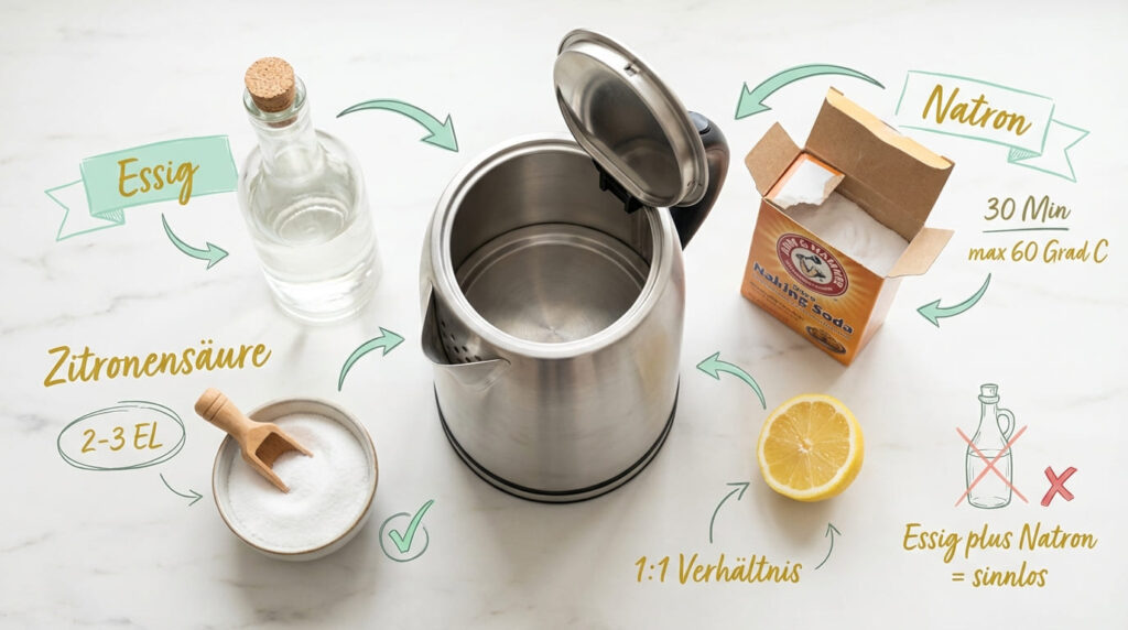 Wasserkocher entkalken &ndash; &Uuml;bersicht aller Hausmittel: Essig (1:1 Verh&auml;ltnis), Zitronens&auml;ure (2&ndash;3 EL) und Natron (30 Min., max. 60 Grad). Edelstahl-Wasserkocher in der Mitte, halbe Zitrone daneben. Hinweis: Essig plus Natron kombinieren ist sinnlos (rotes X).
