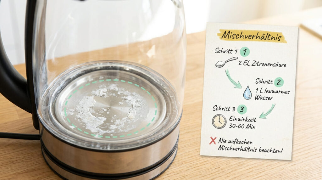 Wasserkocher entkalken mit Zitronens&auml;ure &ndash; Glas-Wasserkocher mit verkalktem Boden auf Holztisch. Anleitung: Schritt 1 zwei EL Zitronens&auml;ure, Schritt 2 ein Liter lauwarmes Wasser, Schritt 3 Einwirkzeit 30&ndash;60 Minuten. Nie aufkochen, Mischverh&auml;ltnis beachten.