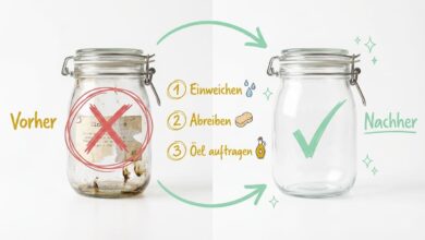 Etiketten entfernen Vorher-Nachher: Einmachglas mit altem Papieretikett und Kleberesten neben blank gereinigtem Glas