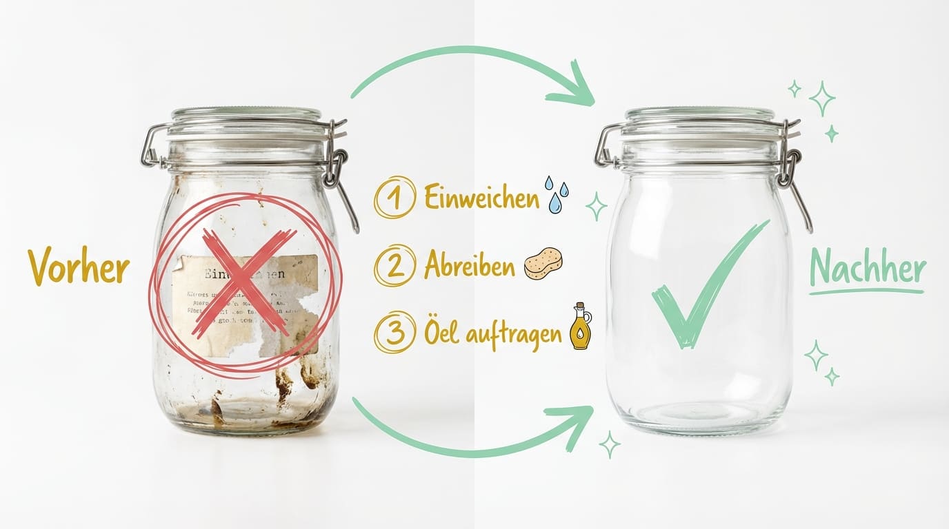 Etiketten entfernen Vorher-Nachher: Einmachglas mit altem Papieretikett und Kleberesten neben blank gereinigtem Glas