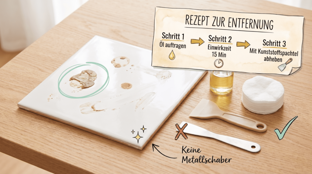 Fliesenkleber entfernen Schritt f&uuml;r Schritt: &Ouml;l auf den Kleberest auftragen, 15 Minuten einwirken lassen und mit dem Kunststoffspachtel abheben. Metallschaber sind tabu, weil sie die Glasur zerkratzen.