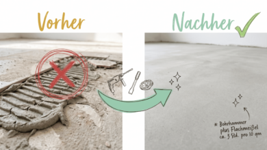 Fliesenkleber entfernen vom Estrich im Vorher-Nachher-Vergleich: Links das alte Kleberbett mit charakteristischer Kammbettrillen-Struktur, rechts der freigelegte Estrich nach drei Stunden Arbeit mit Bohrhammer und Flachmeißel auf 10 Quadratmetern.