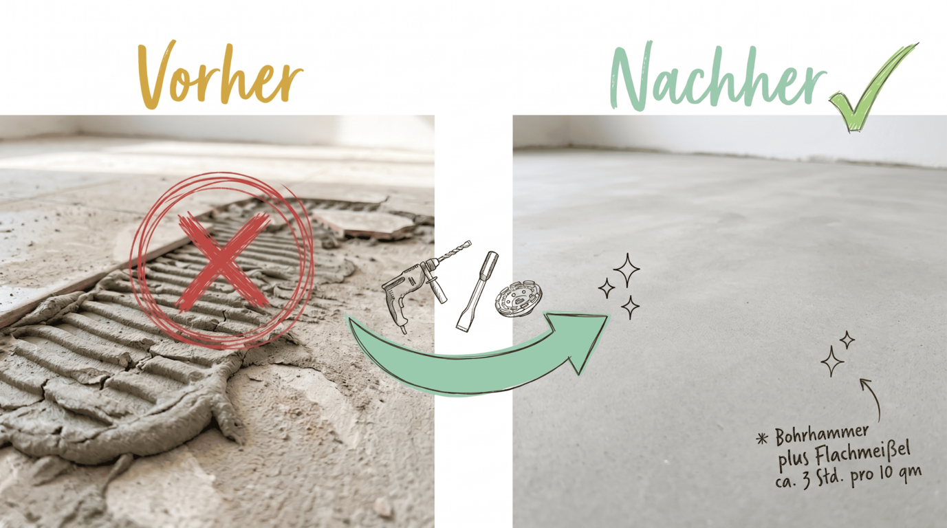 Fliesenkleber entfernen vom Estrich im Vorher-Nachher-Vergleich: Links das alte Kleberbett mit charakteristischer Kammbettrillen-Struktur, rechts der freigelegte Estrich nach drei Stunden Arbeit mit Bohrhammer und Flachmeißel auf 10 Quadratmetern.