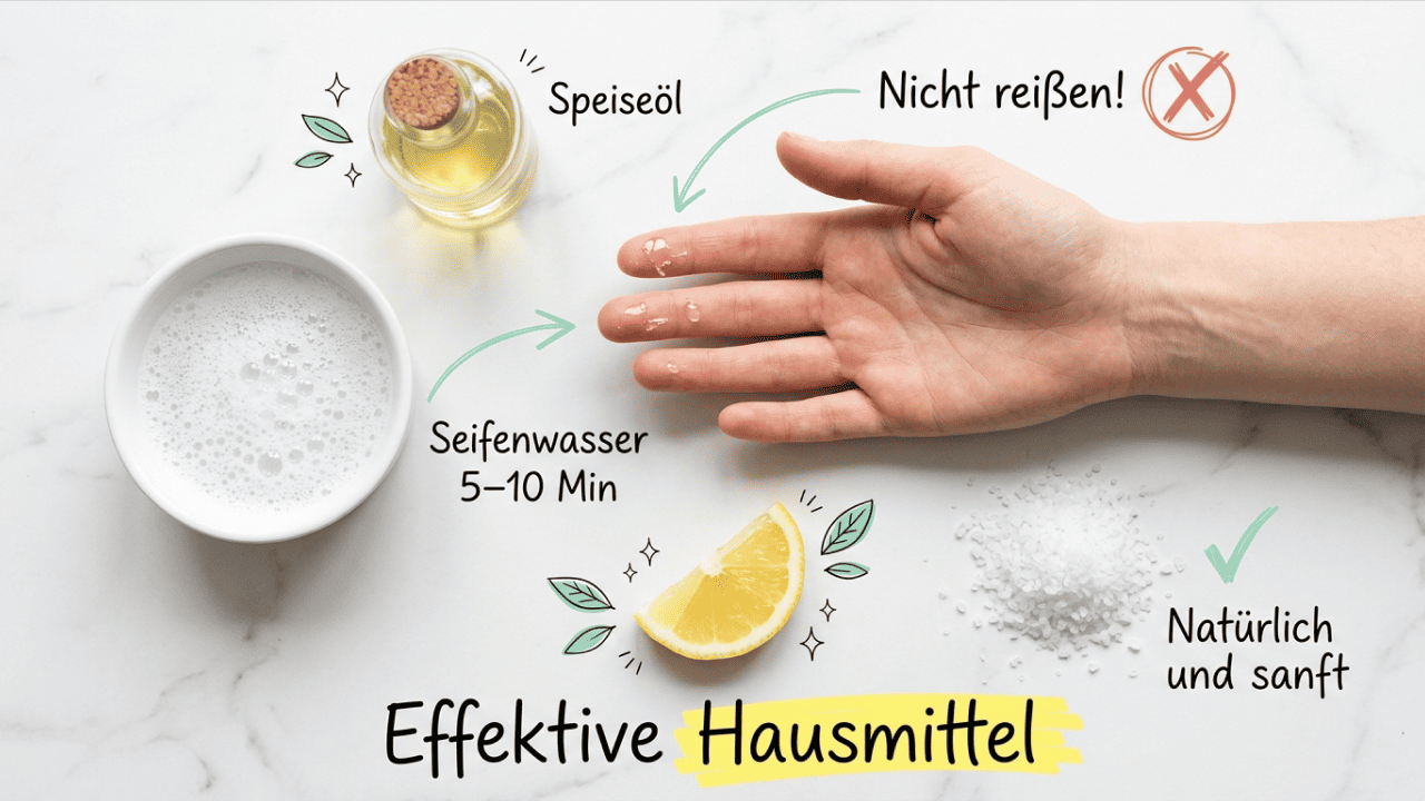 Hand mit Sekundenkleber-Resten an den Fingern auf hellem Marmor, daneben Schale mit Seifenwasser, Speiseöl, Zitrone und Speisesalz als Hausmittel