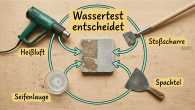 Heißluftföhn, Stoßscharre, Seifenlauge und Spachtel rund um einen Estrichblock mit Teppichkleber-Resten