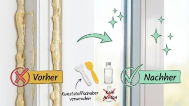 Bauschaum am Fensterrahmen vorher und nachher, Kunststoffschaber, kein Aceton – Bild für sauberz.de