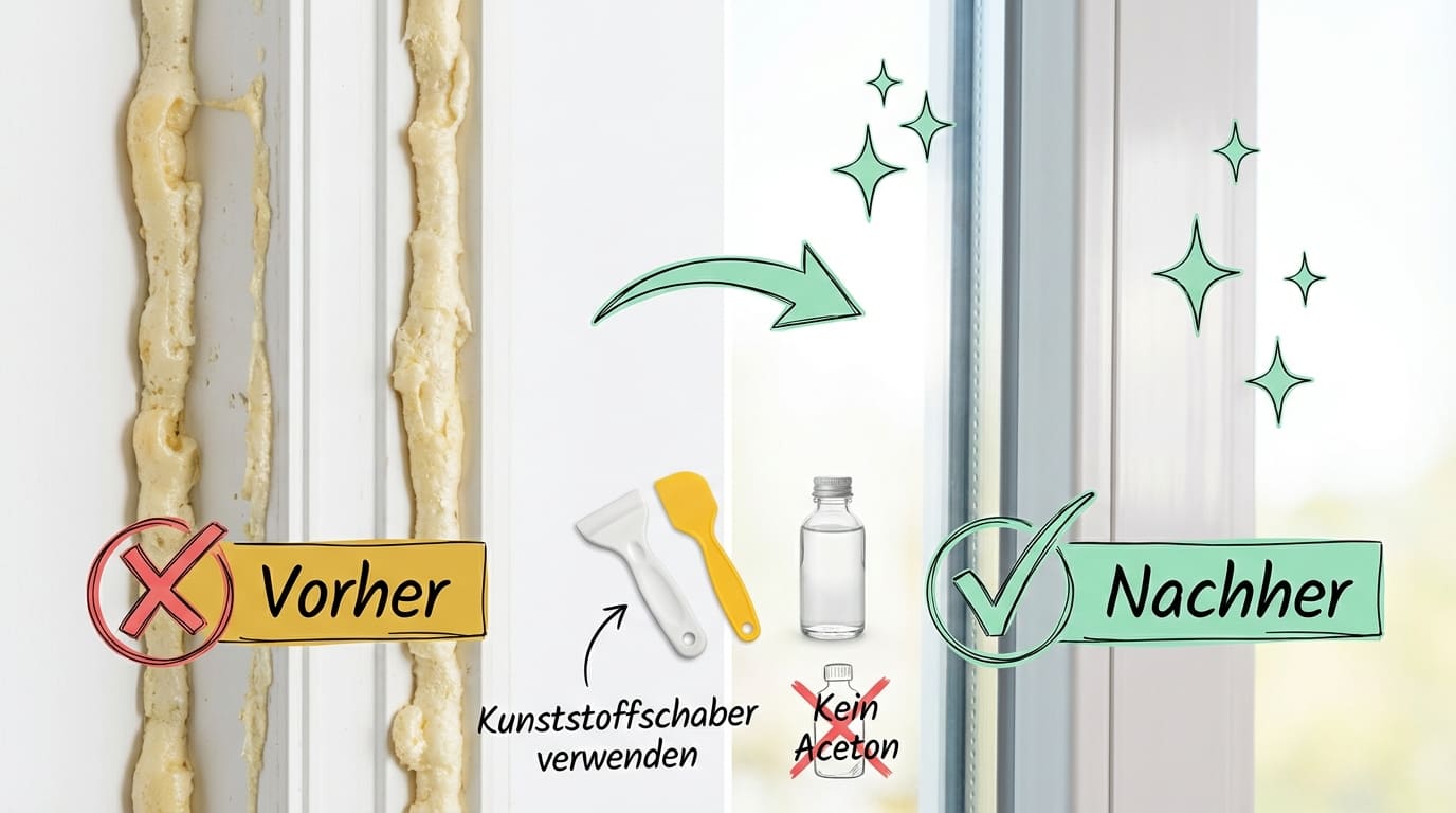Bauschaum am Fensterrahmen vorher und nachher, Kunststoffschaber, kein Aceton – Bild für sauberz.de