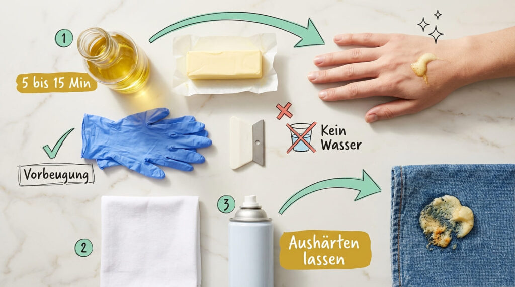 Bauschaum entfernen: Öl, Butter, Nitrilhandschuh, Schaber, Fleck auf Jeans – Bild für sauberz.de