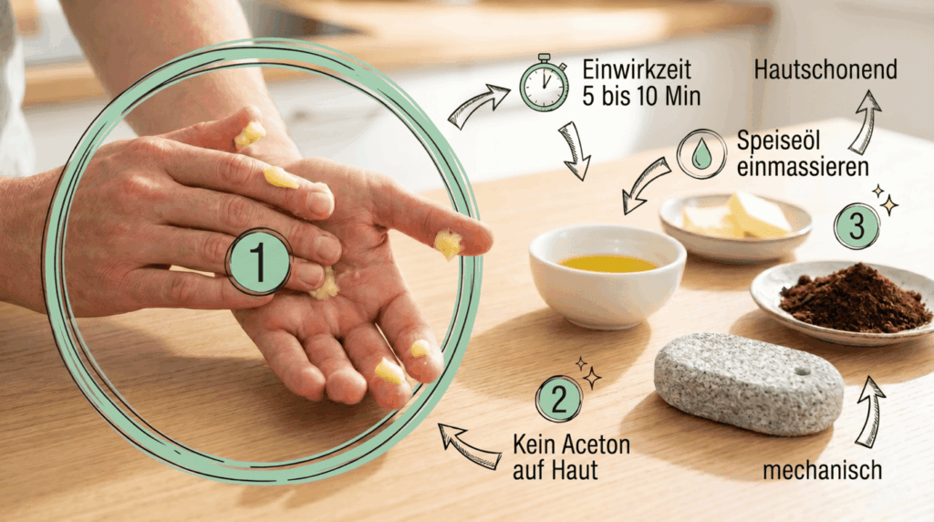 Bauschaum an der Hand, Speiseöl, Butter, Kaffeepulver und Bimsstein zur Reinigung – Bild für sauberz.de