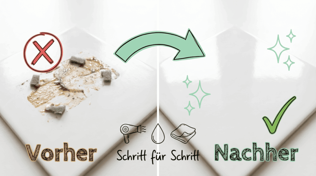 Fliese mit Kleberesten vorher und sauber nachher &ndash; Bild f&uuml;r sauberz.de