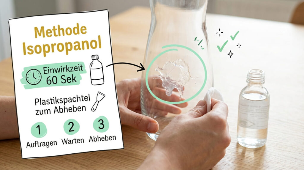 Heißkleber von Glas mit Isopropanol und Wattepad entfernen – Bild für sauberz.de