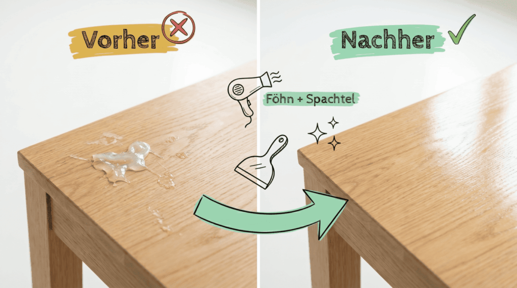 Heißkleber auf Holz mit Föhn und Spachtel entfernen, Vorher-Nachher – Bild für sauberz.de