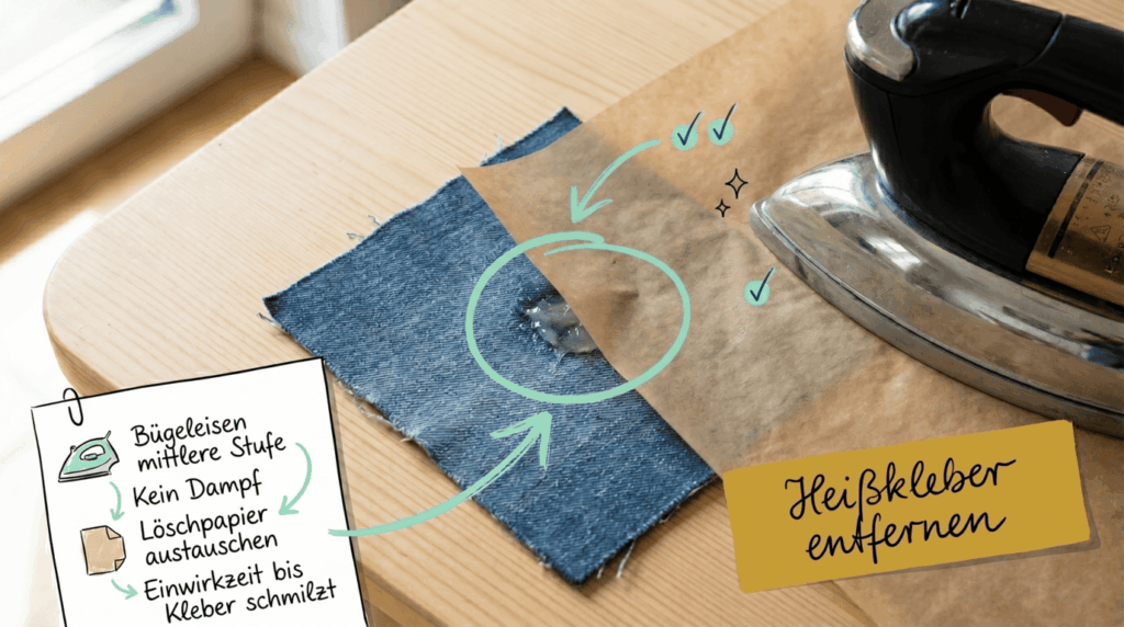 Heißkleber mit Bügeleisen und Löschpapier aus Jeans entfernen – Bild für sauberz.de
