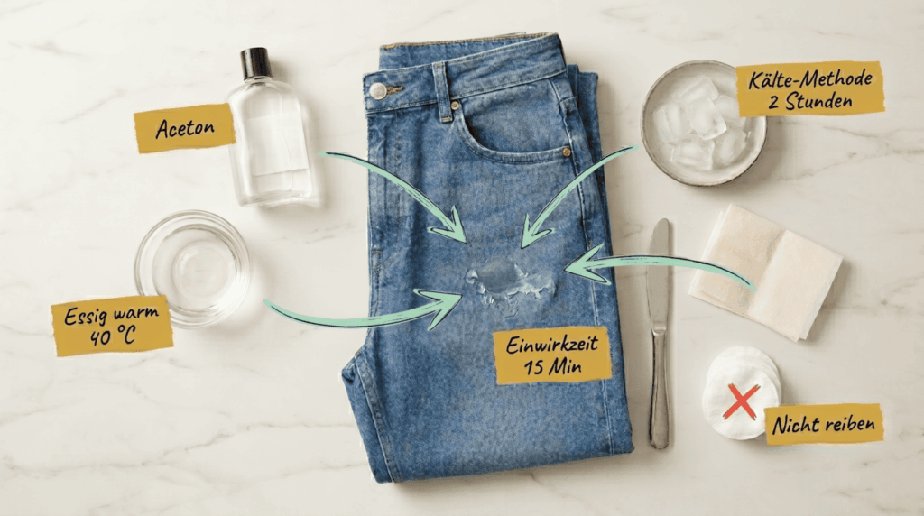 Kleber aus Kleidung entfernen: Aceton, Essig und Kälte bei Jeans – Bild für sauberz.de