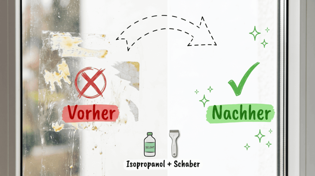 Fensterscheibe mit Folienresten vorher und sauber nachher beim Klebereste entfernen Glas, Bild f&uuml;r sauberz.de
