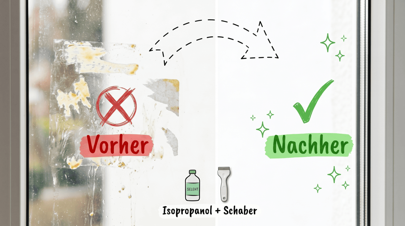Fensterscheibe mit Folienresten vorher und sauber nachher beim Klebereste entfernen Glas, Bild für sauberz.de