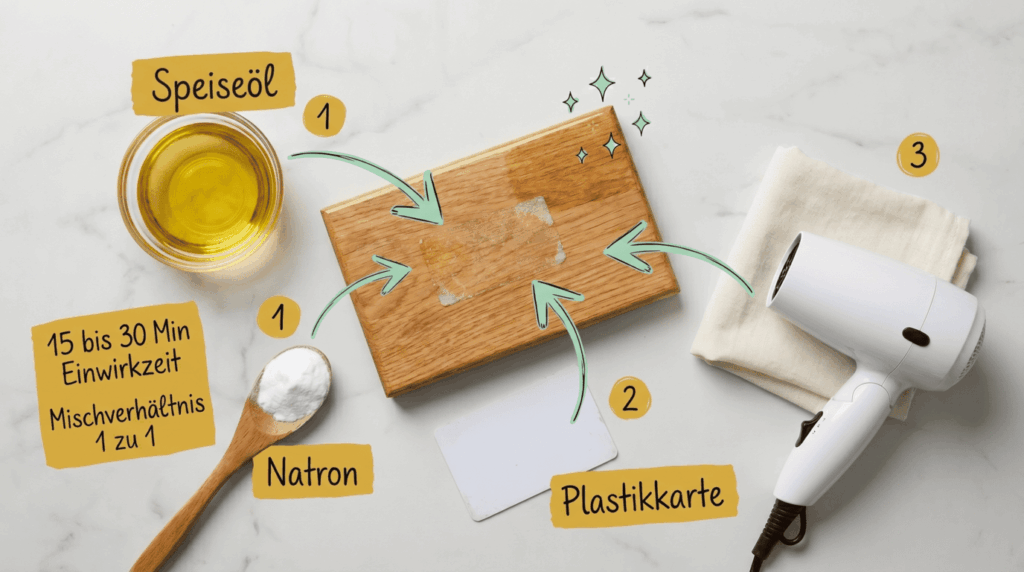 Speiseöl, Natron, Plastikkarte und Föhn neben Holzbrett mit Kleberest. Bild für sauberz.de