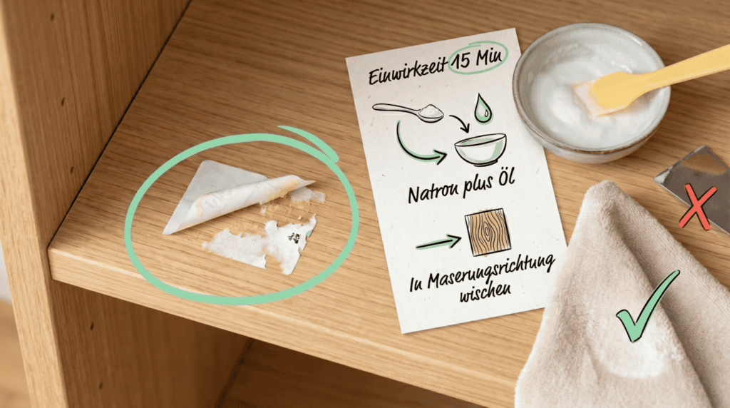 Aufkleberrest auf Holzregal, Natron-Öl-Paste und Anleitungskarte. Bild für sauberz.de