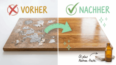 Holztisch mit Kleberesten vorher, sauber nachher mit Öl-Natron-Paste. Bild für sauberz.de