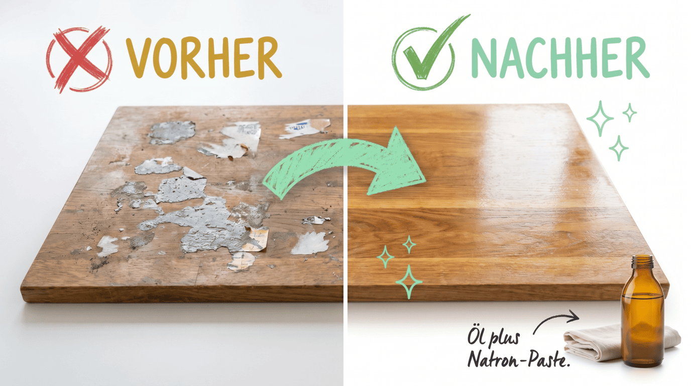 Holztisch mit Kleberesten vorher, sauber nachher mit Öl-Natron-Paste. Bild für sauberz.de