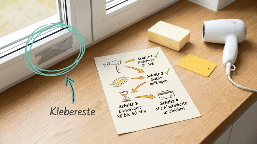 Klebereste am Kunststoff-Fensterrahmen mit Föhn und Butter lösen, Bild für sauberz.de
