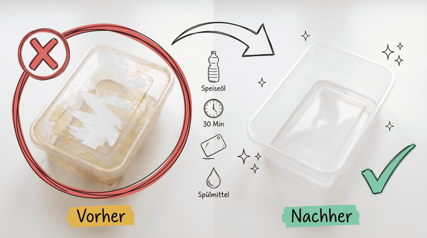 Plastikdose mit Kleberesten vorher und sauber nachher, Bild für sauberz.de