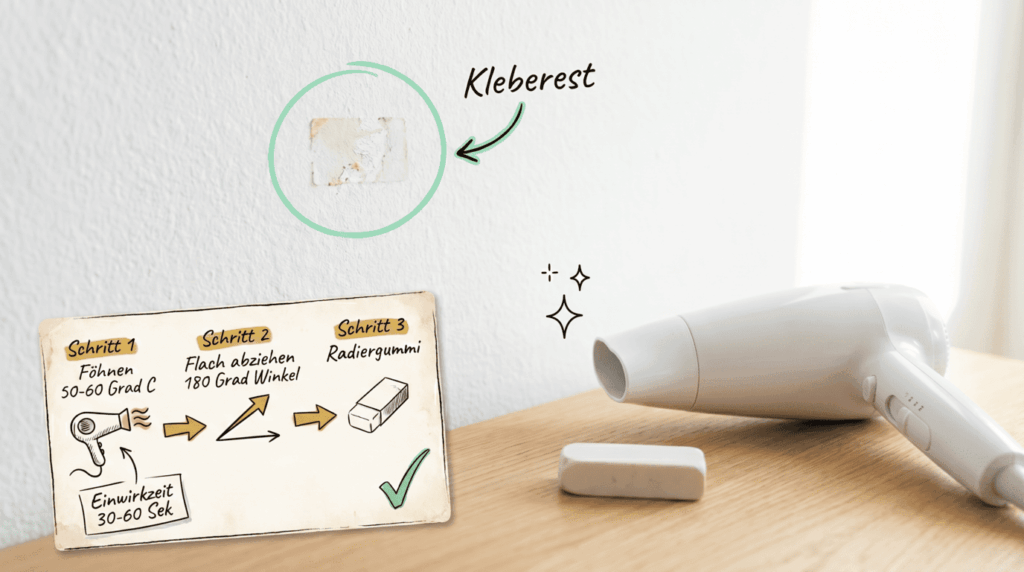 F&ouml;hn und Radiergummi neben Anleitungskarte zum Klebereste entfernen, Bild f&uuml;r sauberz.de