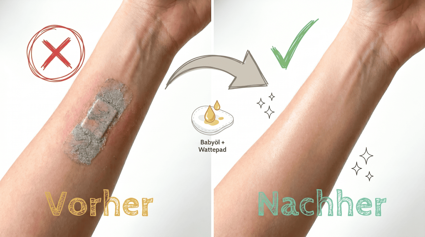 Pflasterreste mit Babyöl entfernt, Vorher-Nachher am Arm – Bild für sauberz.de