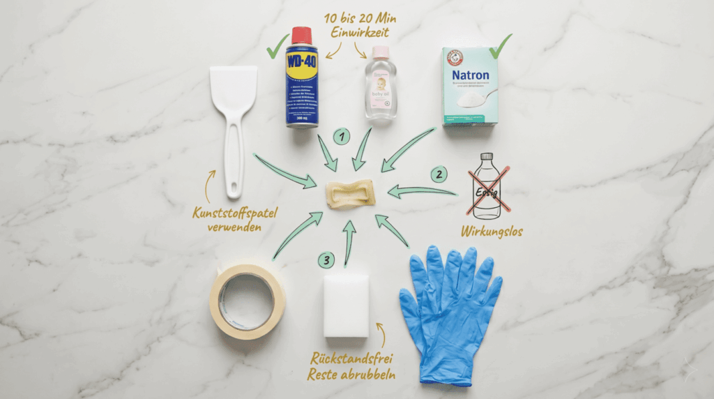 WD-40, Babyöl, Natron und Kunststoffspatel zum Silikon entfernen – Bild für sauberz.de