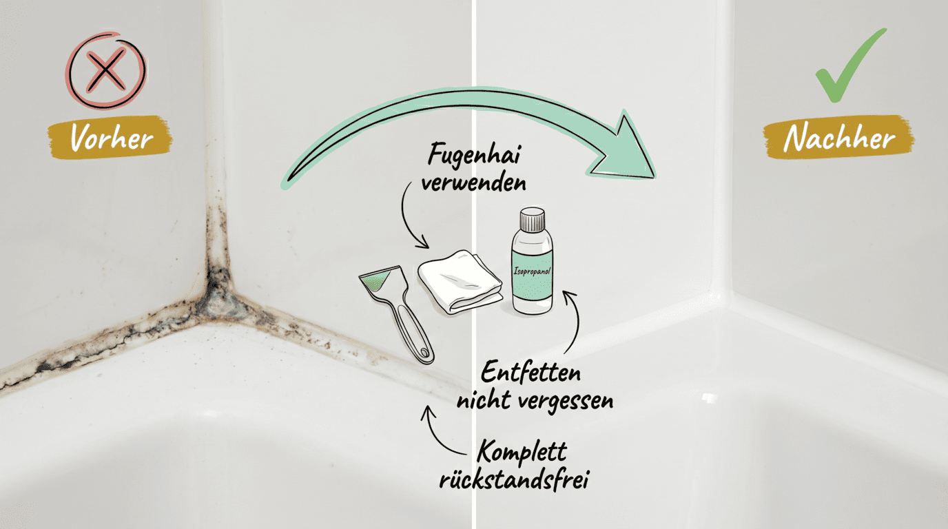 Silikonfuge im Bad vorher schwarz, nachher sauber – Bild für sauberz.de