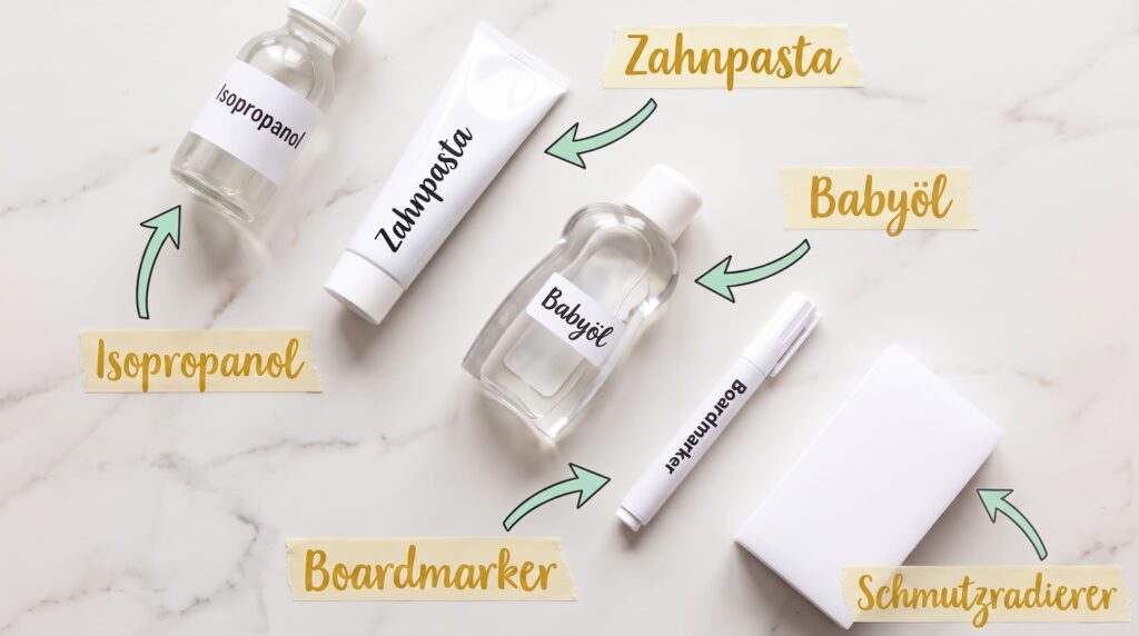 Isopropanol, Zahnpasta, Babyöl, Boardmarker und Schmutzradierer – Bild für sauberz.de