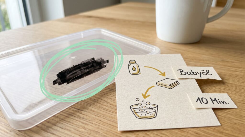 Edding-Strich auf Plastikbox, daneben Anleitung mit Babyöl – Bild für sauberz.de