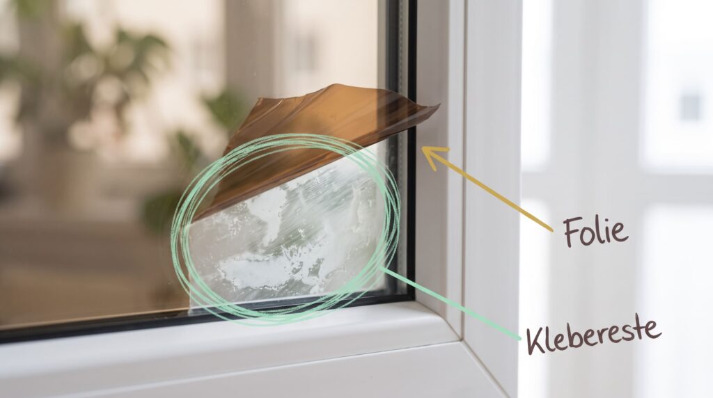 Abgezogene Sonnenschutzfolie und milchige Klebereste am Fensterglas, Bild f&uuml;r sauberz.de