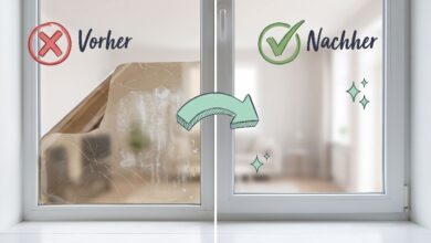 Fenster mit alter Sonnenschutzfolie links und sauberer Scheibe rechts, Bild für sauberz.de