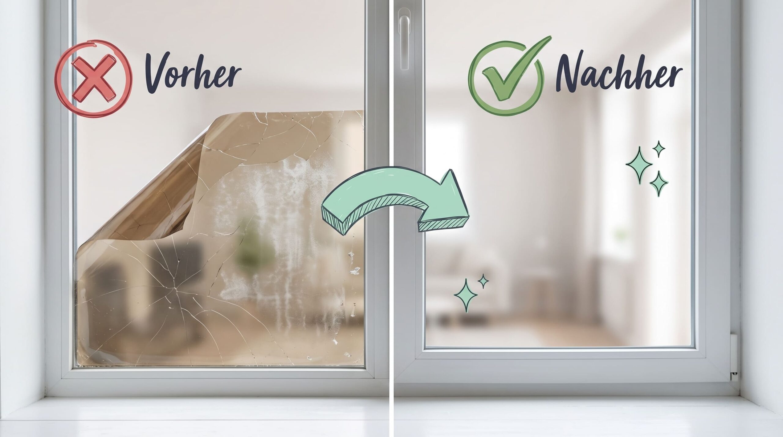 Fenster mit alter Sonnenschutzfolie links und sauberer Scheibe rechts, Bild für sauberz.de