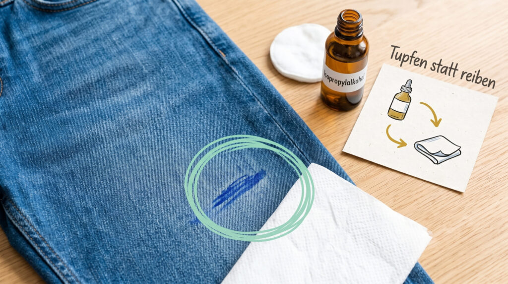 Kuli-Fleck auf Jeans, Küchenpapier darunter, Isopropylalkohol daneben, Bild für sauberz.de