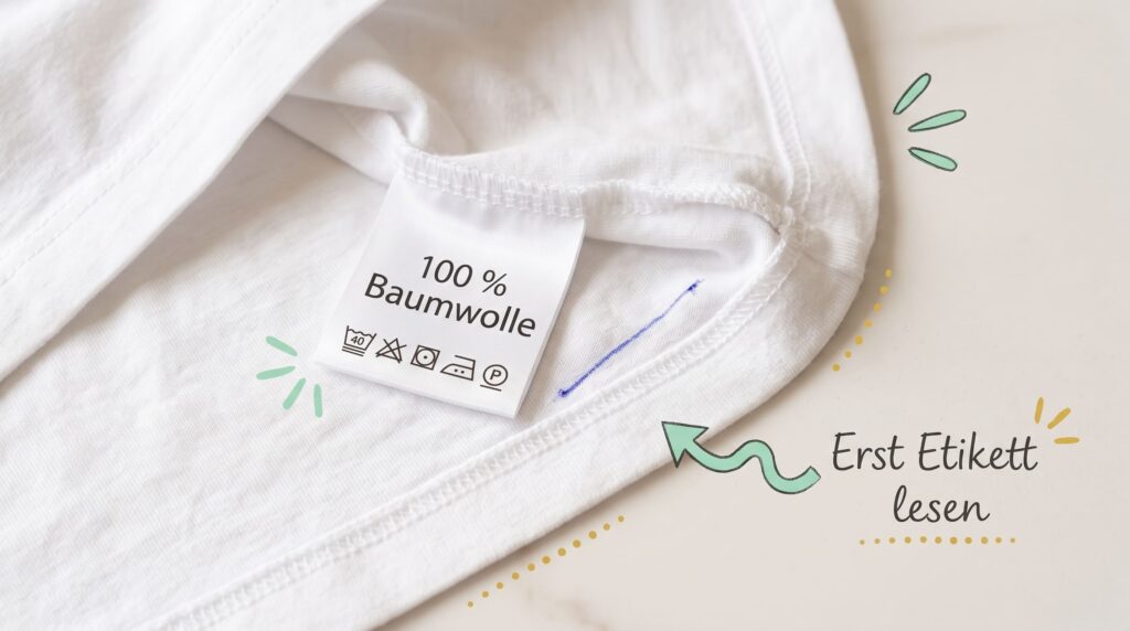 Pflegeetikett mit Faserangabe neben einem Kuli-Strich auf Baumwolle, Bild für sauberz.de
