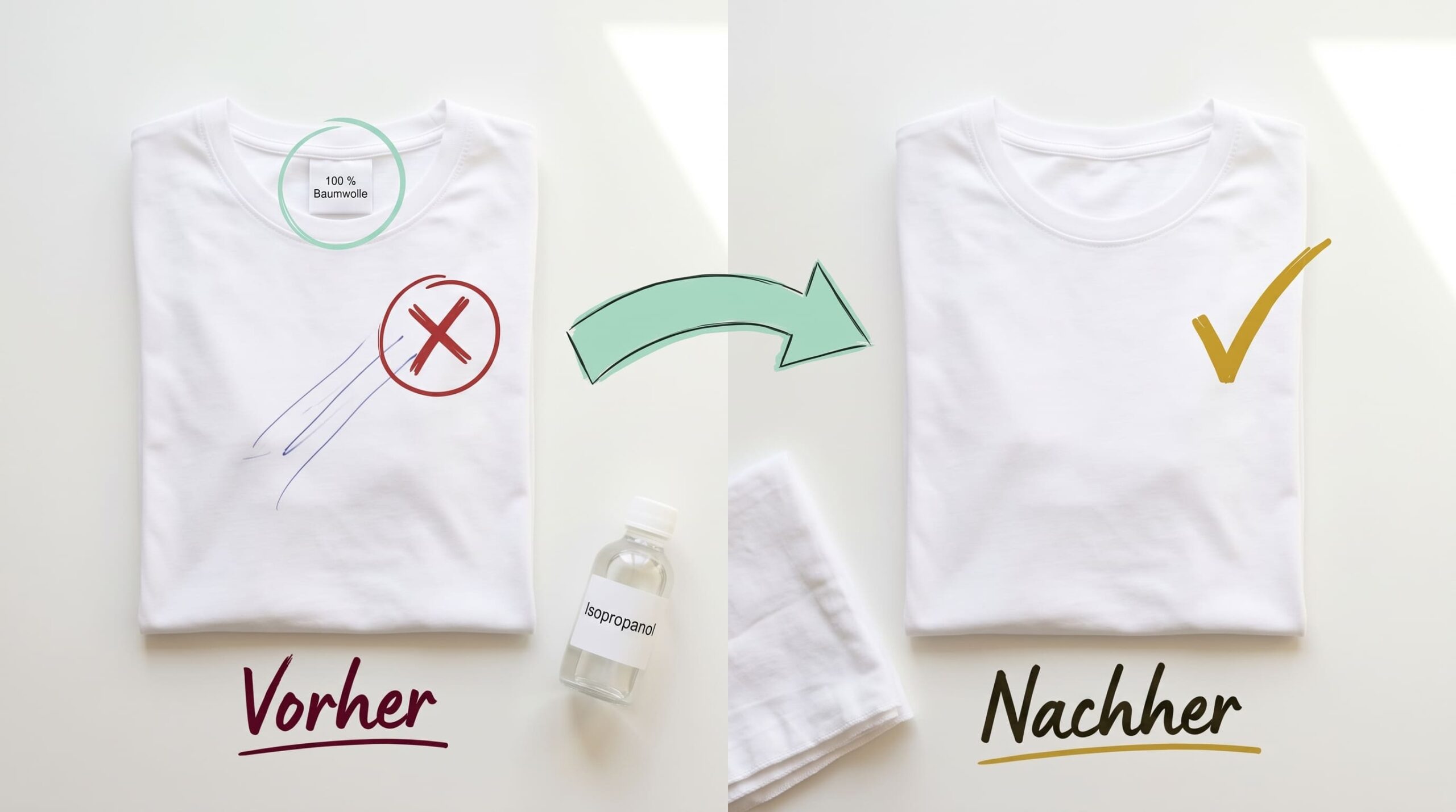 T-Shirt mit Kuli-Strich vorher und nachher, Pflegeetikett markiert, Bild für sauberz.de