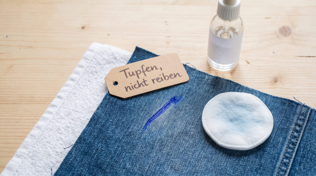 Kugelschreiberfleck auf Jeans wird mit Wattepad abgetupft, Tuch darunter, Bild für sauberz.de