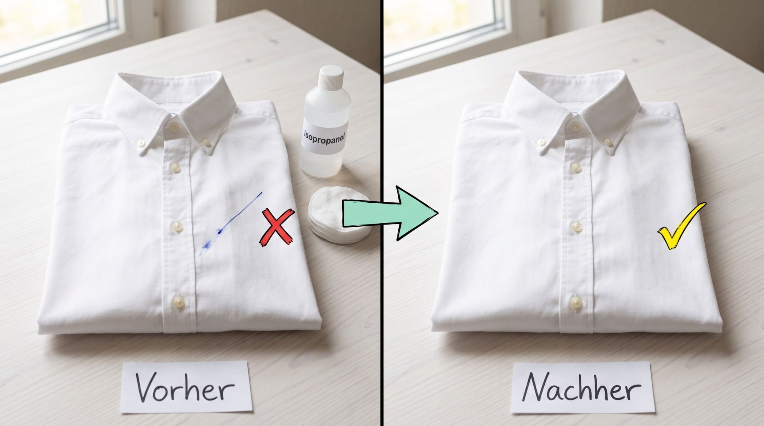Weißes Hemd mit blauem Kugelschreiberfleck vor und nach der Behandlung, Bild für sauberz.de