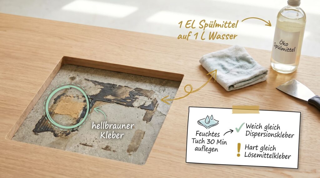 Feuchtes Tuch auf altem Bodenkleber zum Bestimmen der Kleberart. Bild für sauberz.de