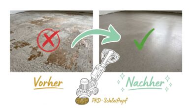 Estrich mit Kleberesten vor und nach dem Abschleifen im Vergleich. Bild für sauberz.de