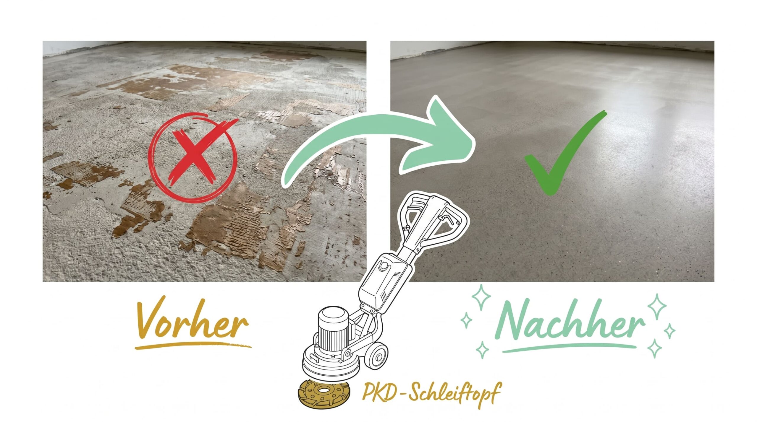 Estrich mit Kleberesten vor und nach dem Abschleifen im Vergleich. Bild für sauberz.de